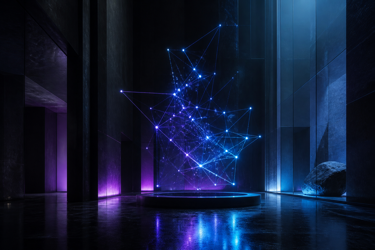 Monumental dark architectural space with a sculptural network of light