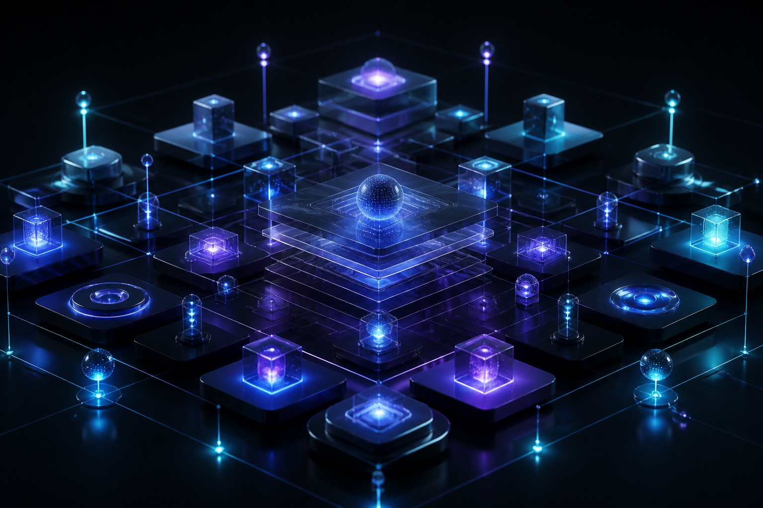 Lattice of luminous nodes forming an abstract software platform sculpture