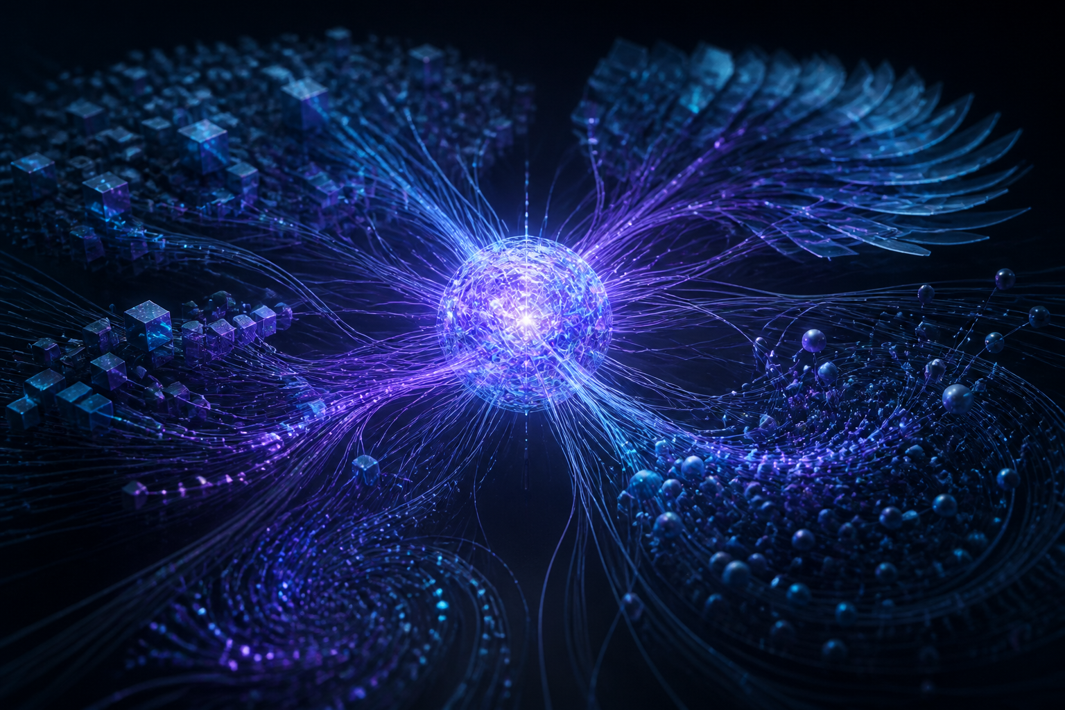 A luminous intelligence core with knowledge filaments